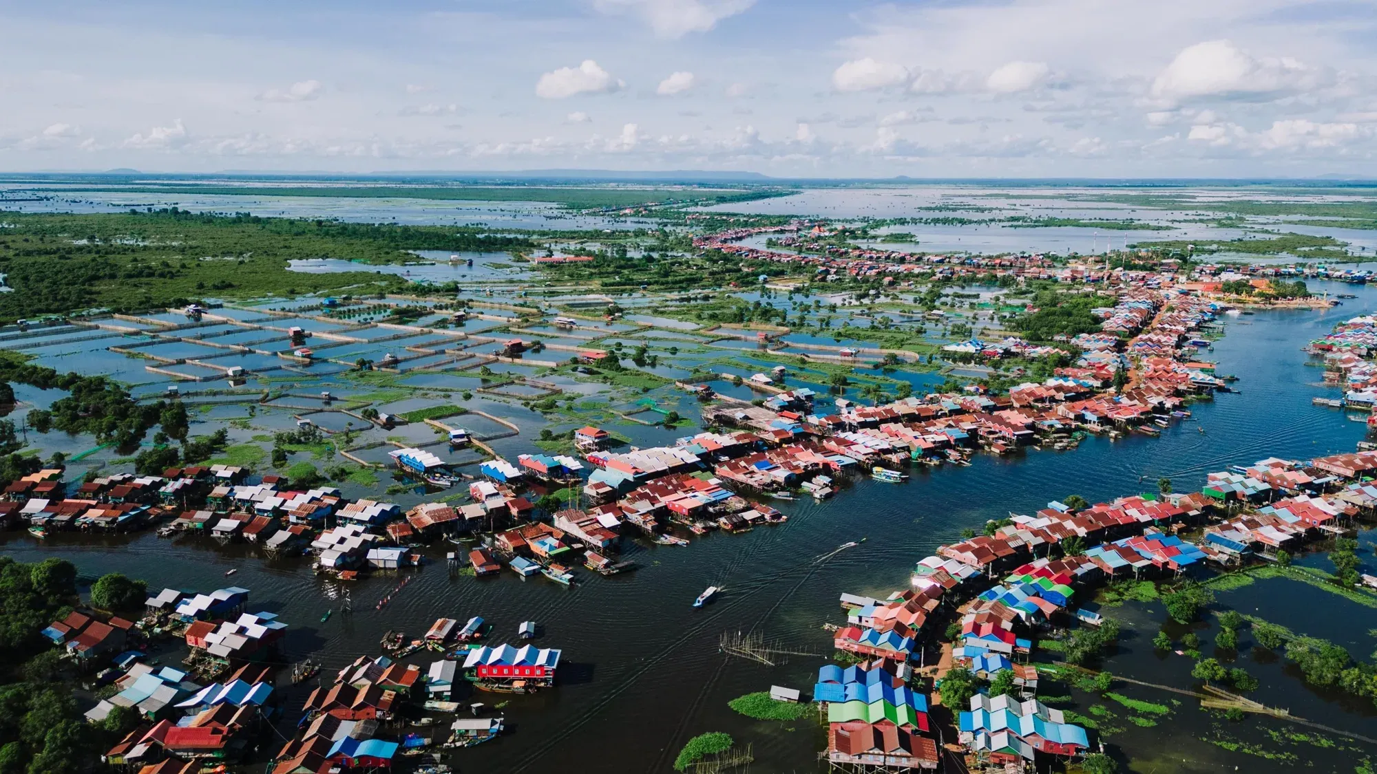 A floating village on Tonle Sap Lake from the air